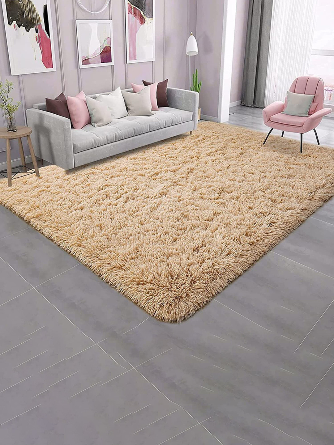 F & B RUGS Beige Traditional Anti Skid Shaggy Carpet