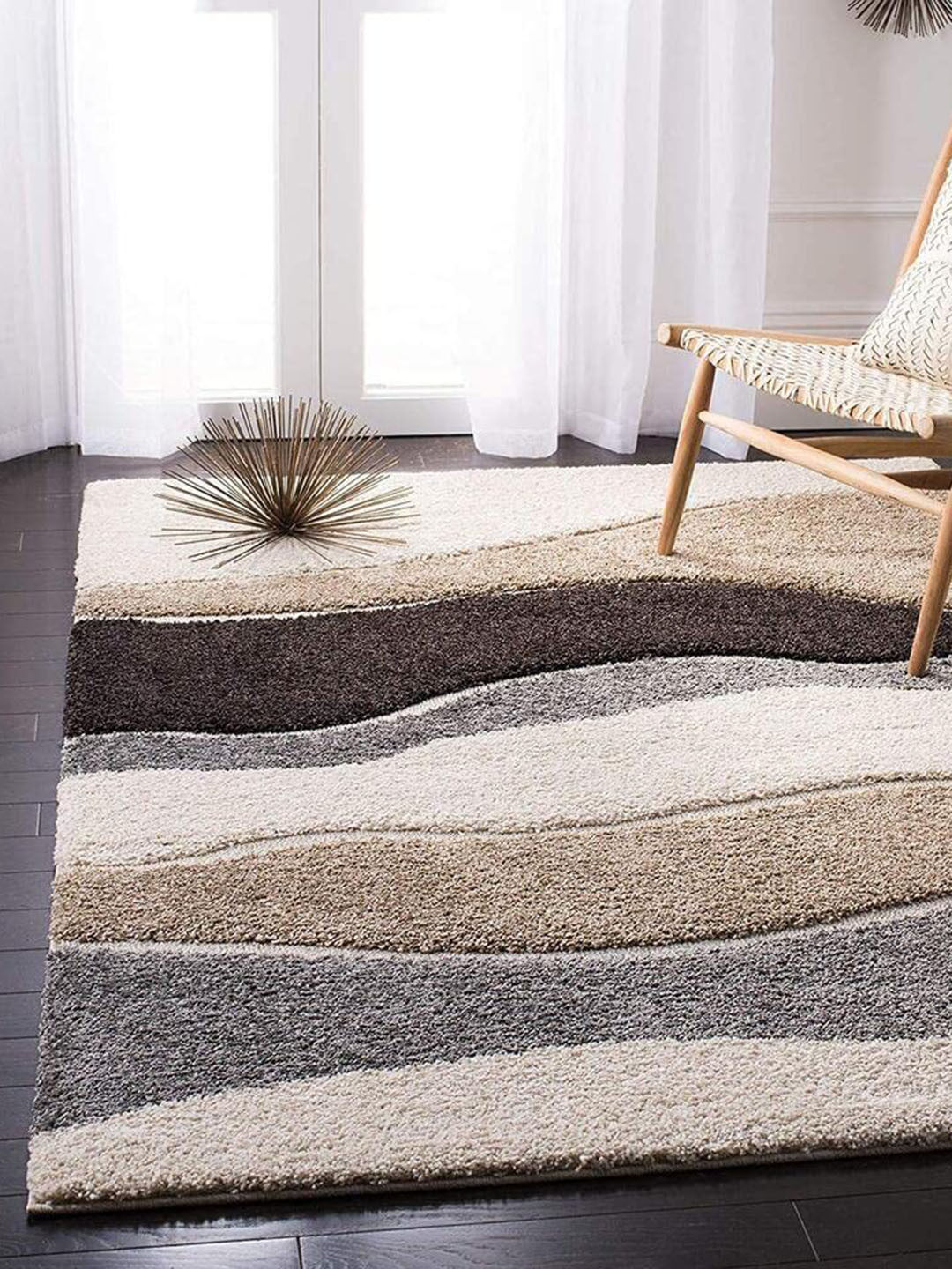 F & B RUGS Grey & Brown Striped Anti Skid Shaggy Carpet