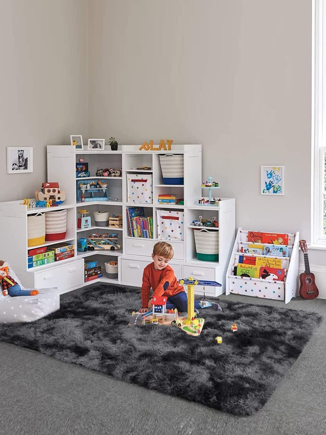 F & B RUGS Black & Grey Abstract Anti Skid Shaggy Carpet