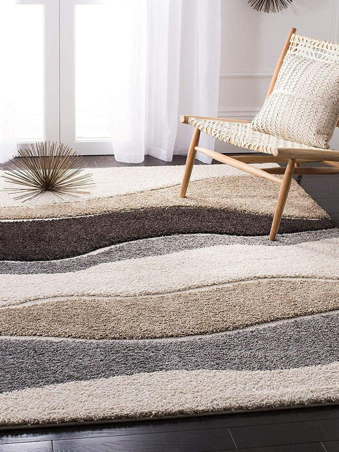 F & B RUGS Beige & Grey Striped Anti Skid Shaggy Carpet