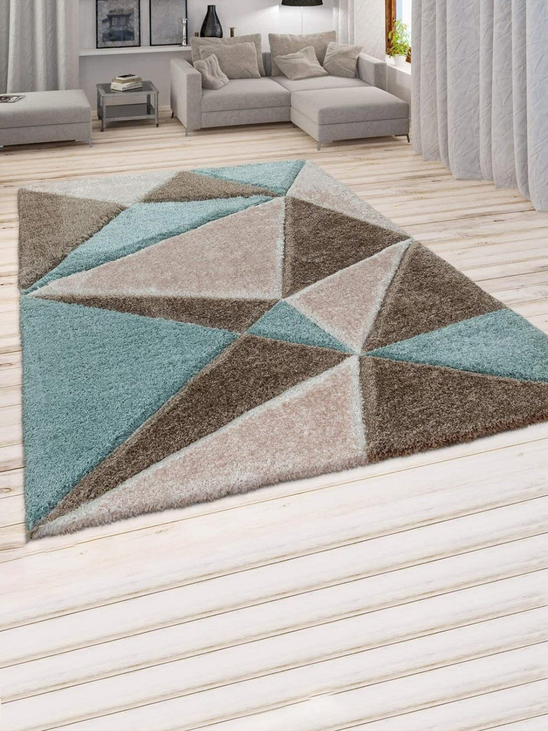 F & B RUGS Brown & Green Geometric Shaggy Anti Skid Carpet