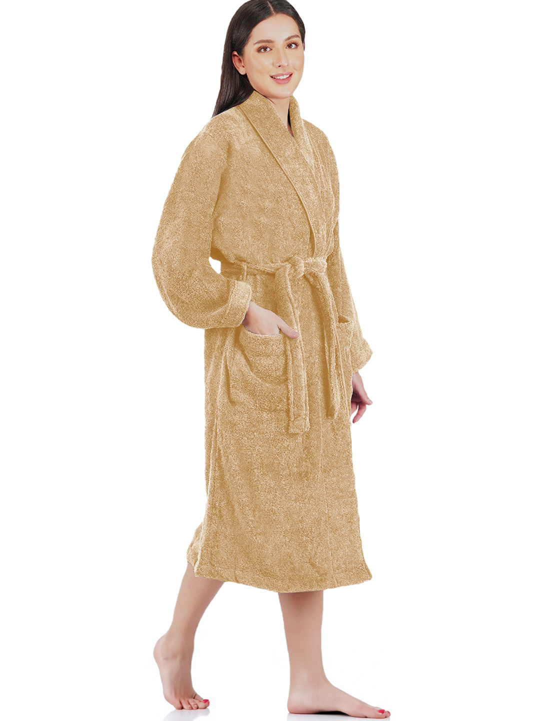 RANGOLI 550 GSM Beige Solid Cotton Drawstring Midi Bath Robe-L