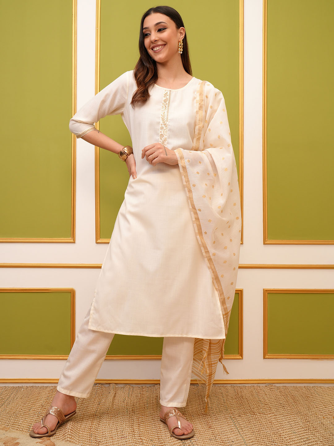 Vishudh Cream Regular Thread Work Kurta with Trousers & With Dupatta