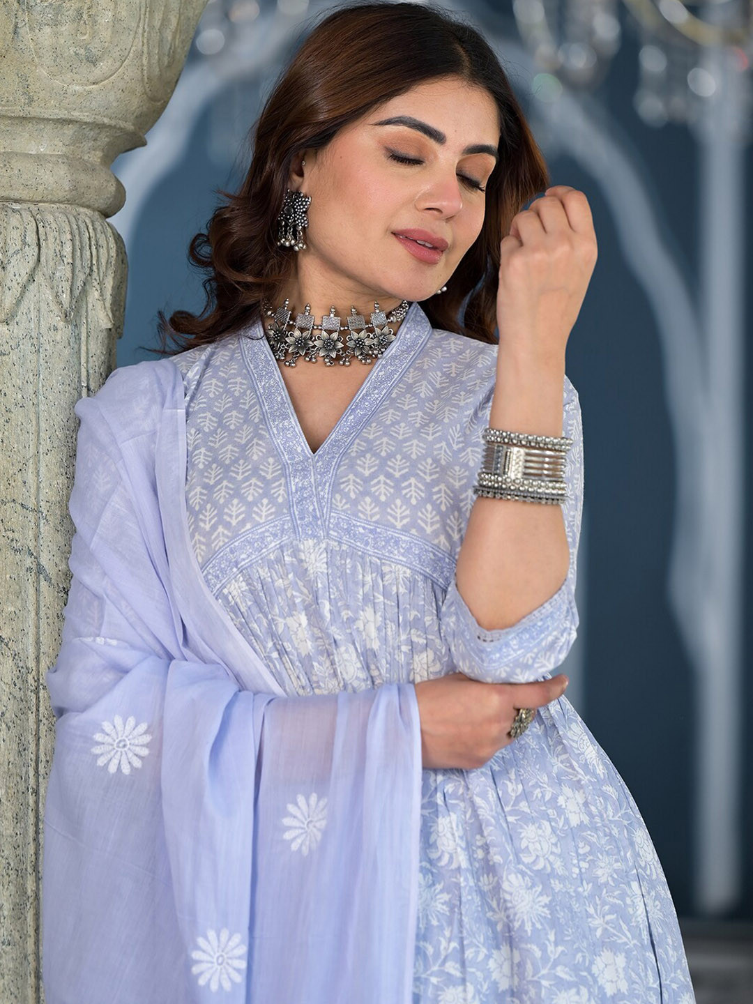 Vishudh Blue V-Neck Floral Printed Empire Pure Cotton Kurta with Trousers & With Dupatta