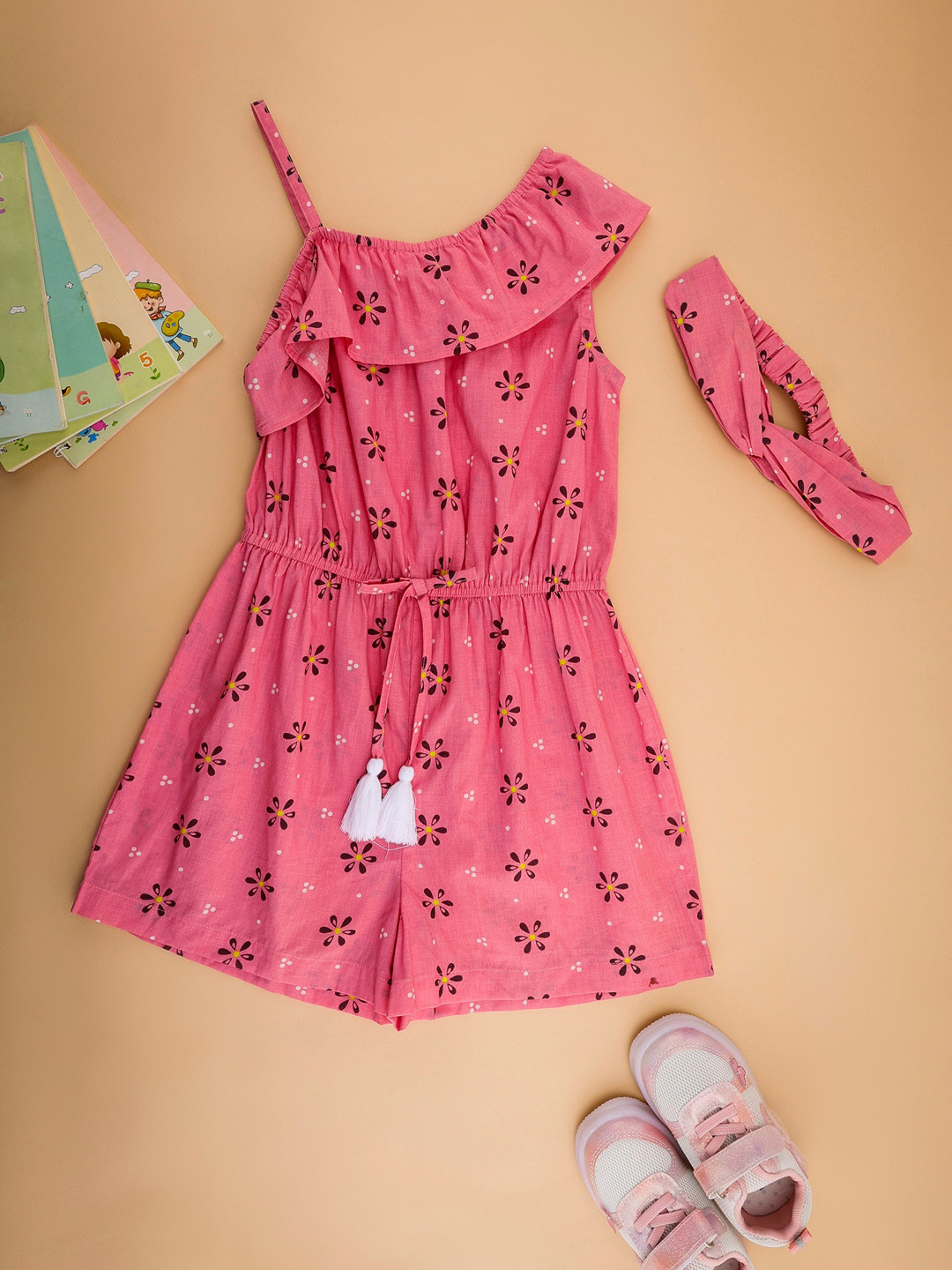 NUEVOSDAMAS Girls Printed Cotton Romper With Headband