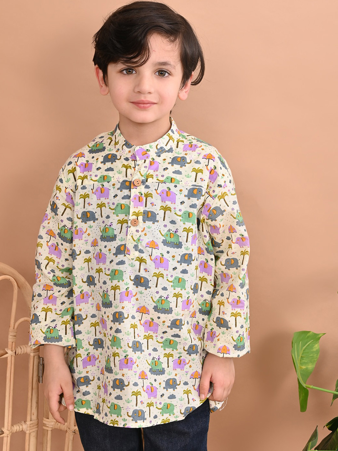 Superminis Boys Green Floral Printed Cotton Kurta