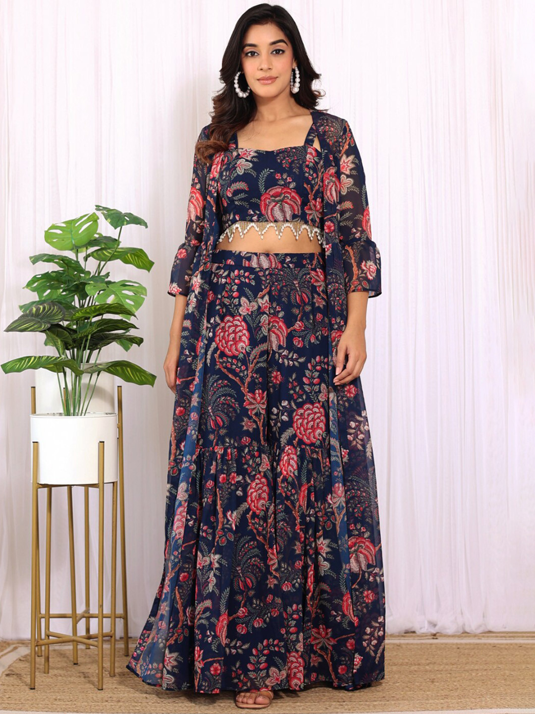 LABEL KANUPRIYA Floral Printed Crop Top With Sharara & Shrug