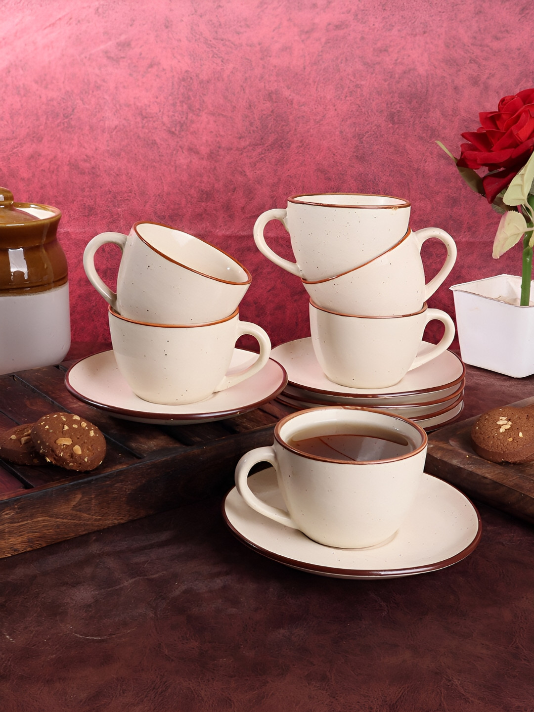 CDI Cream & Maroon 12 Pieces Ceramic Glossy Cups And Saucers 150 ml Each