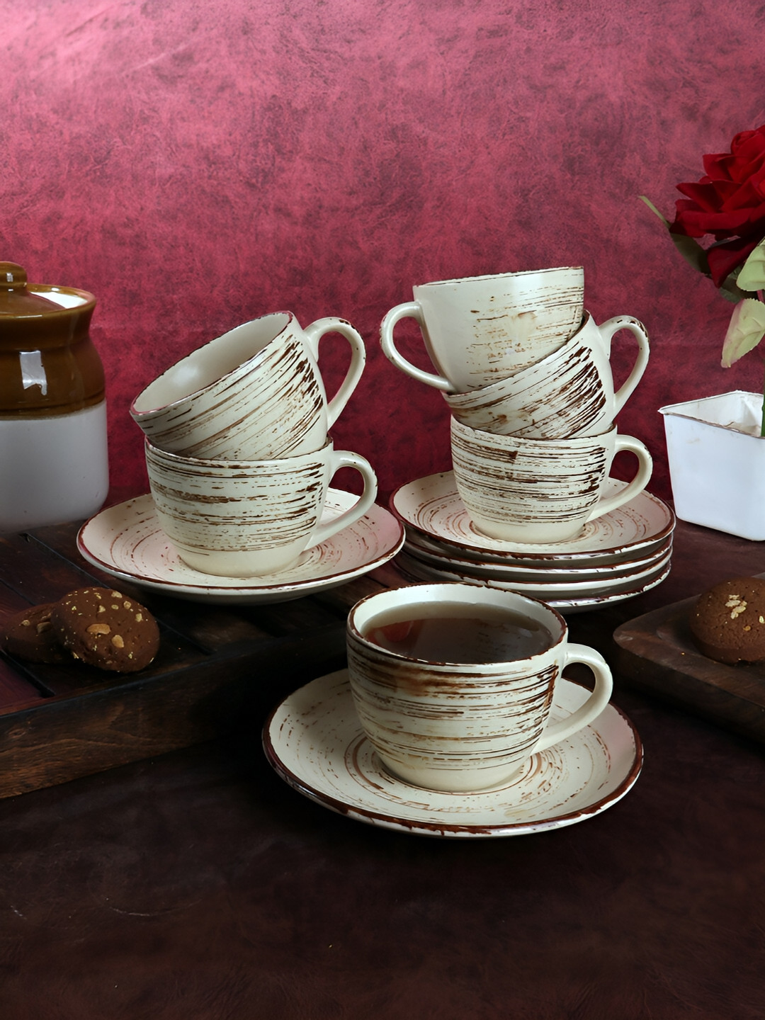 CDI Cream & Brown Abstract Printed 12 Pieces Ceramic Glossy Cups And Saucers 150 ml Each