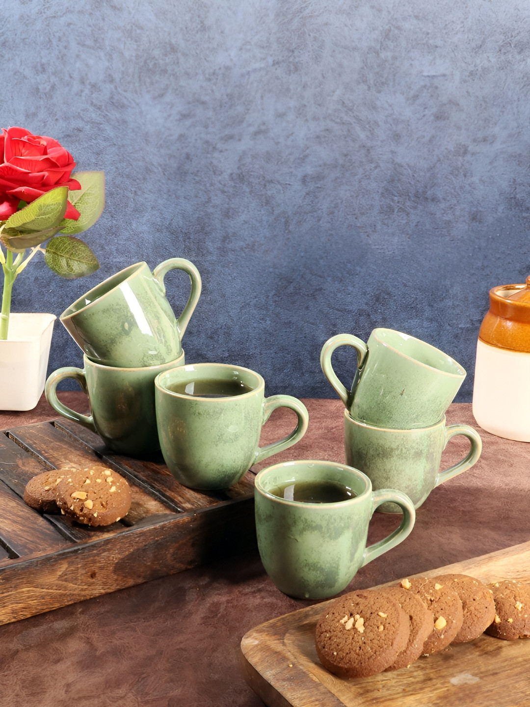 CDI Green & Brown 6 Pieces Ceramic Glossy Mugs 200 ml Each