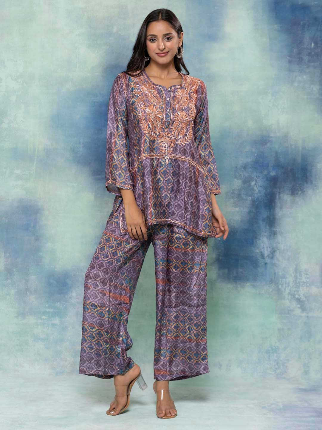 HOUSE OF KARI Floral Embroidered Regular Chikankari Straight Kurta with Palazzos Set