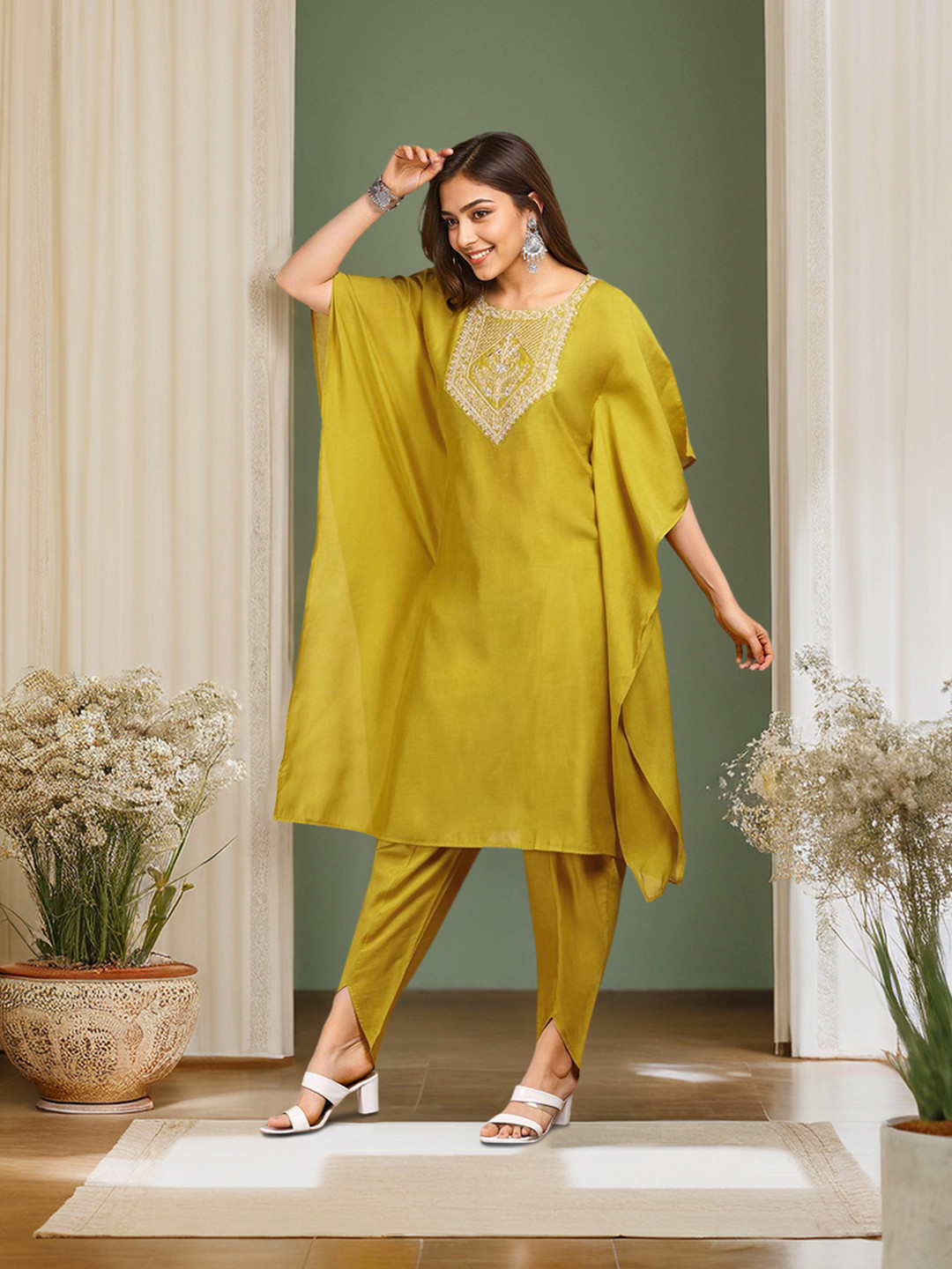 Ishin Yellow Floral Yoke Design Thread Work Kimono Sleeve Kaftan Kurta with Dhoti Pants