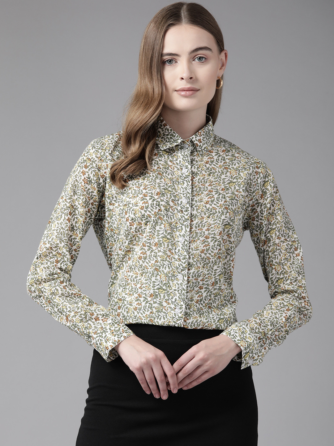 English Navy Women Floral Printed Formal Shirt
