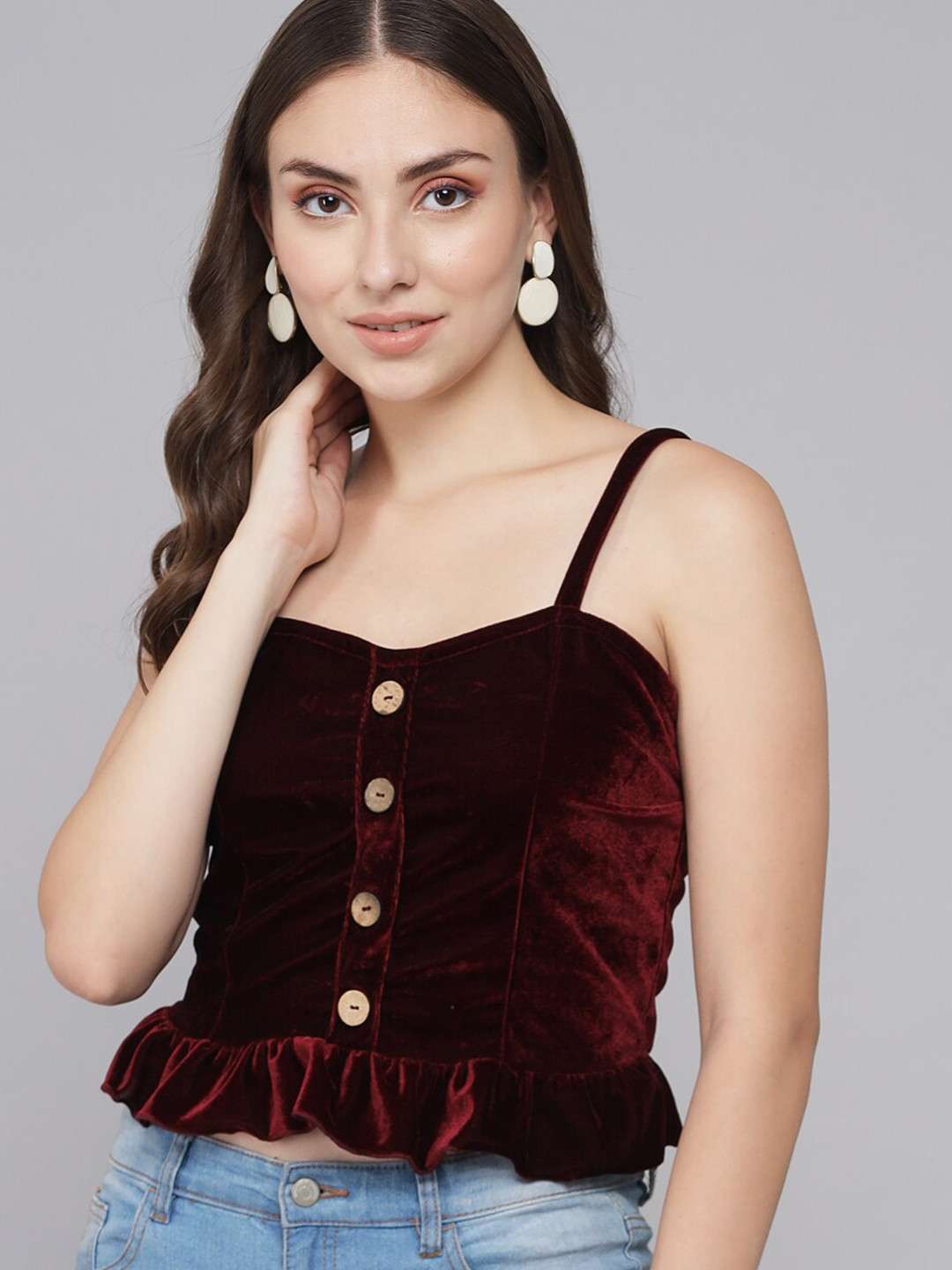 Maroon Velvet Sweetheart Neck Sleeveless Crop Top