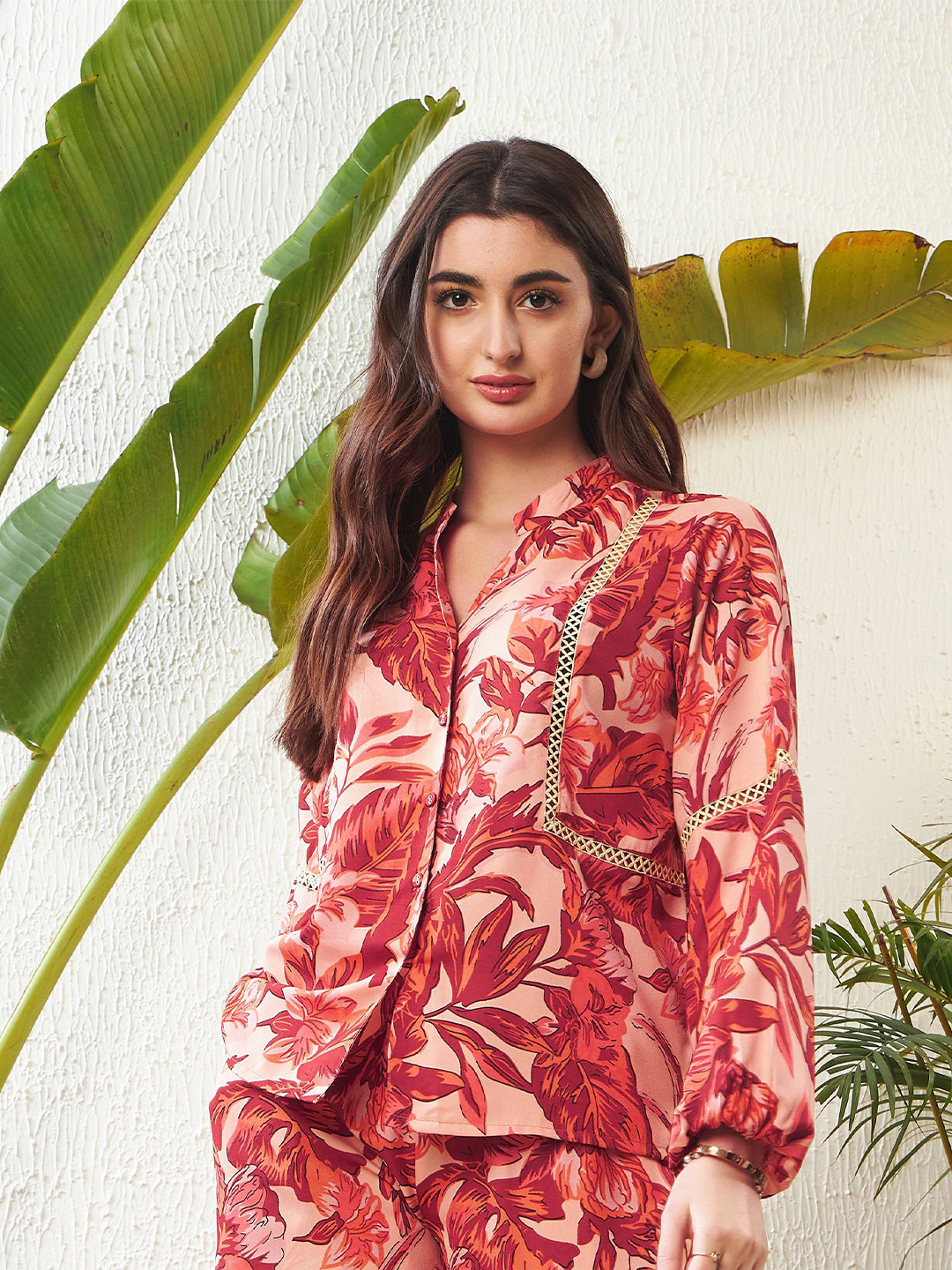 SASSAFRAS Rust Tropical Printed Mandarin Collar Tropical Cotton Georgette Shirt Style Top