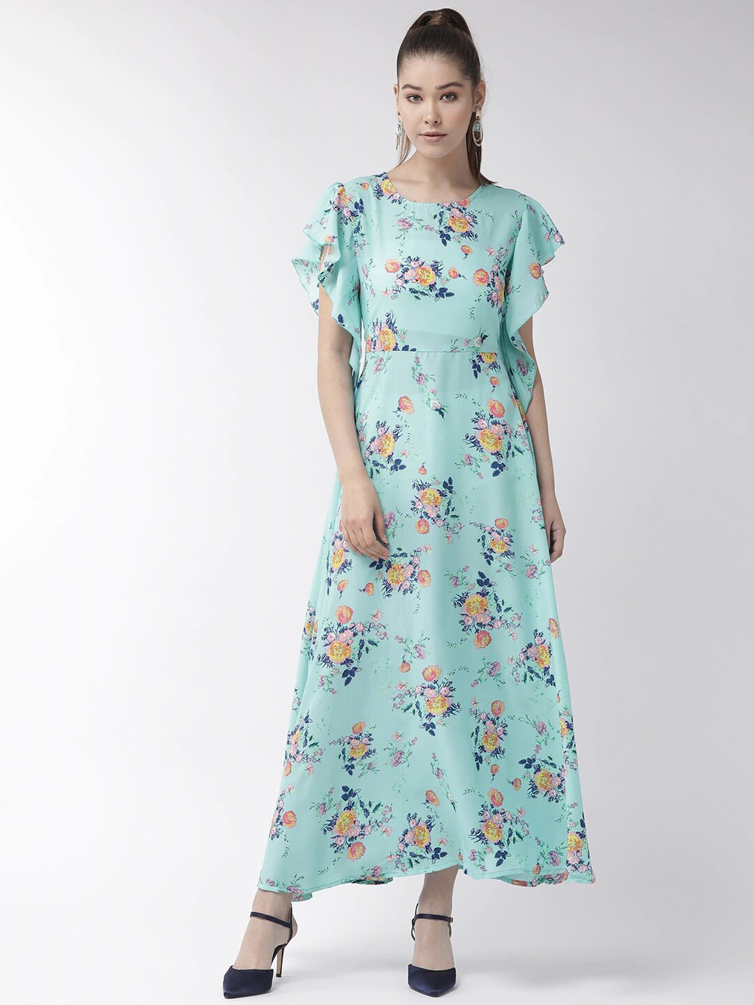 U&F Blue Floral Printed Flared Sleeve Ruffled Maxi Dress