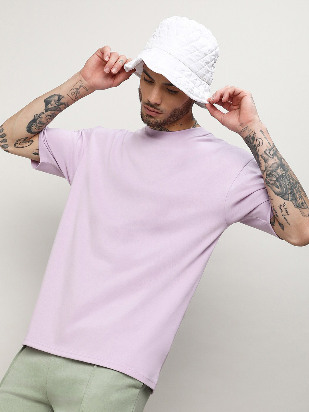 CAHOOT Men's Purple Round Neck Drop-Shoulder Sleeves Cotton Oversized T-Shirt