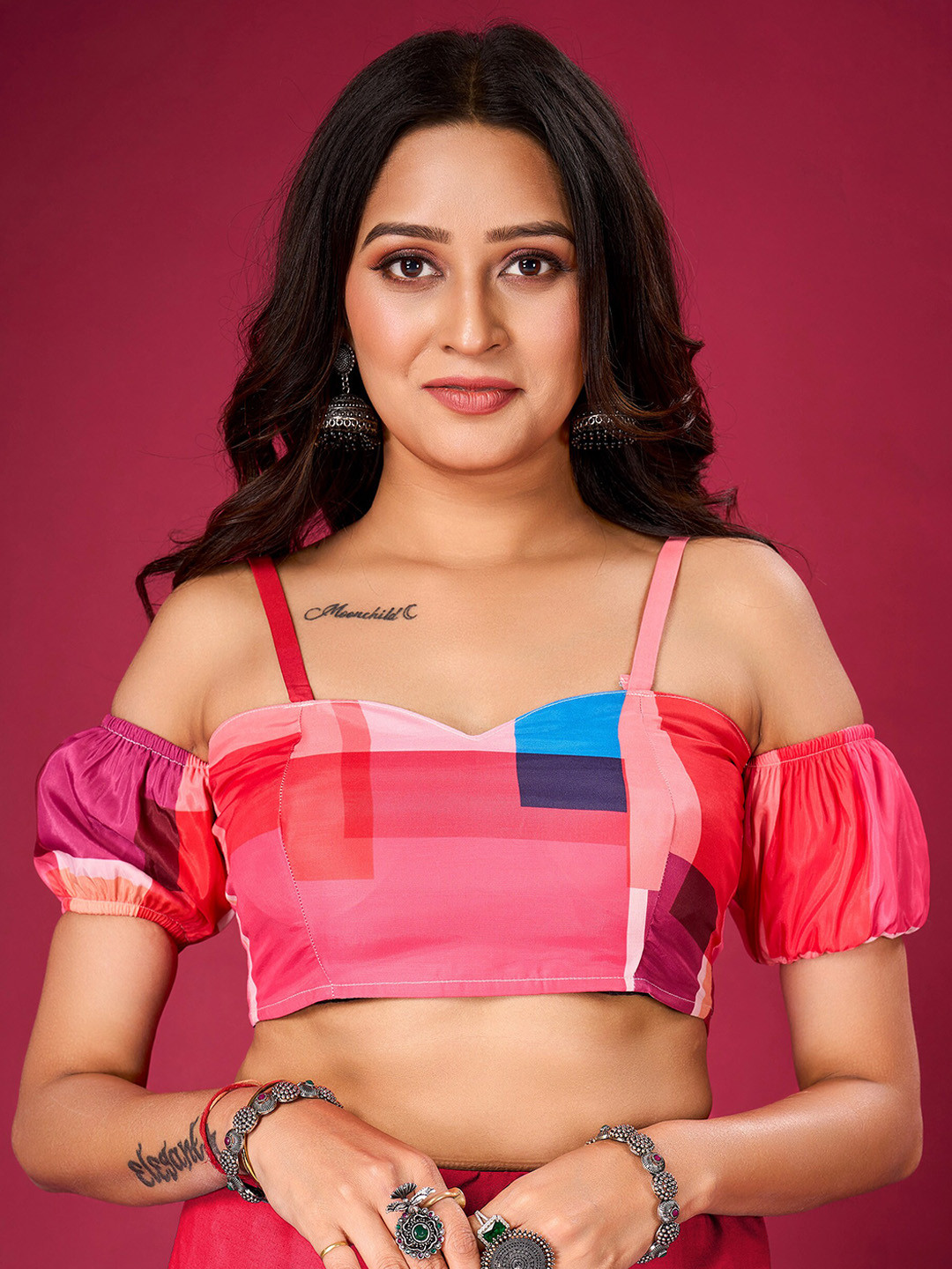 flaher Printed Cold Shoulder Sleeves Silk Saree Blouse