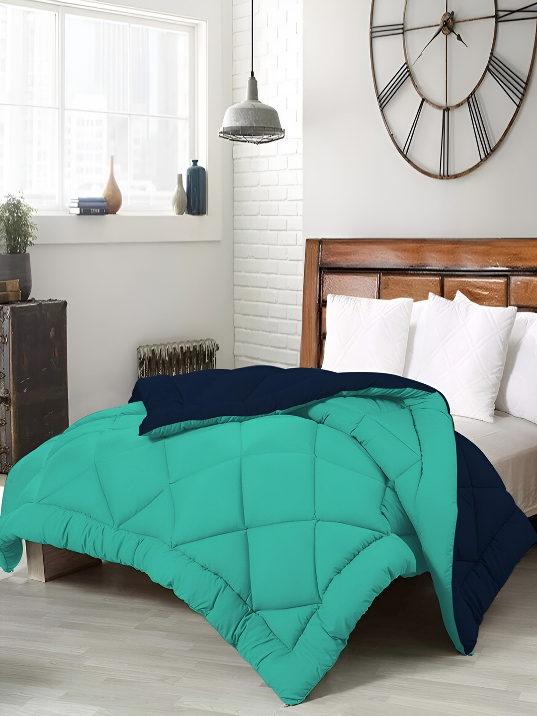 Comfowell Sea Green & Navy Blue Heavy Winter 233 GSM Double Bed Quilt
