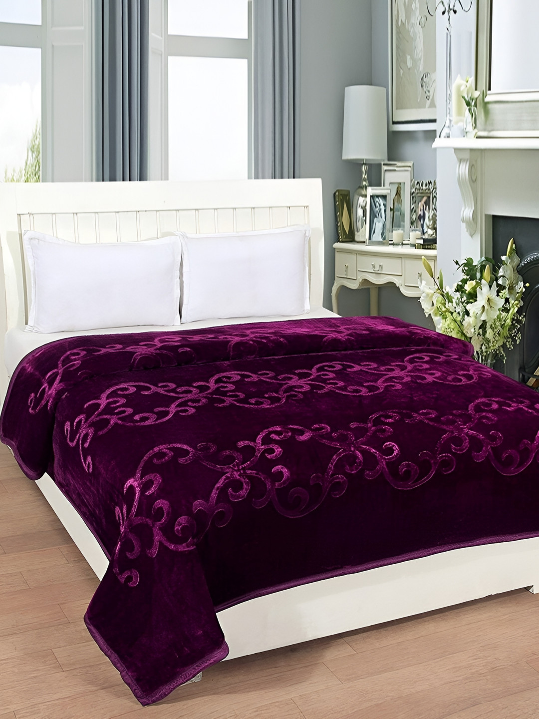 Comfowell Burgundy Floral Microfiber Mild Winter 500 GSM Double Bed Blanket