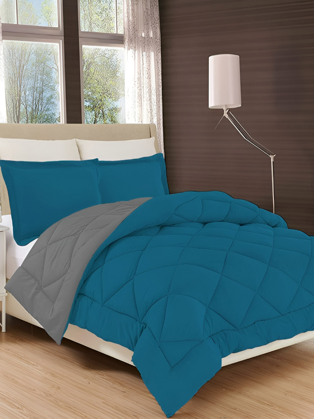 Comfowell Teal & Grey Checked AC Room 110 GSM Single Bed Comforter