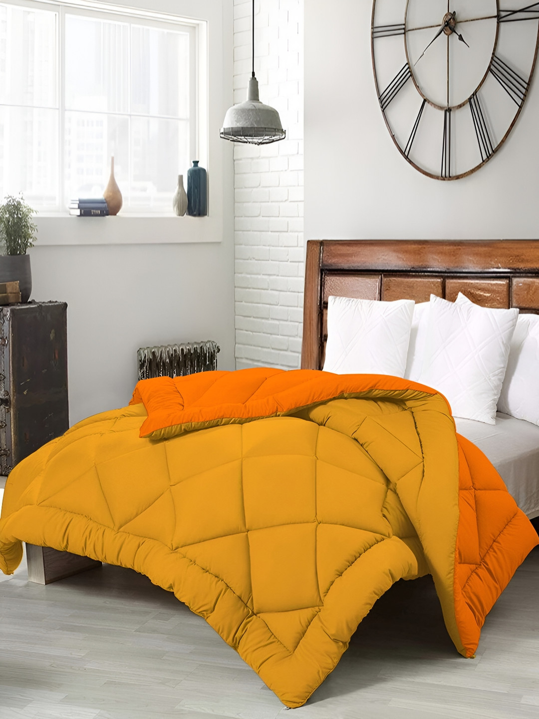 Comfowell Orange & Mustard Checked Heavy Winter 233 GSM Single Bed Quilt