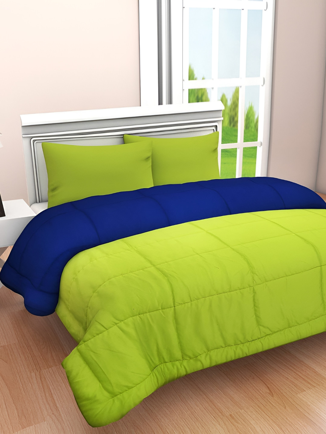 Comfowell Green & Navy Blue Checked Cotton Heavy Winter 233 GSM Single Bed Comforter