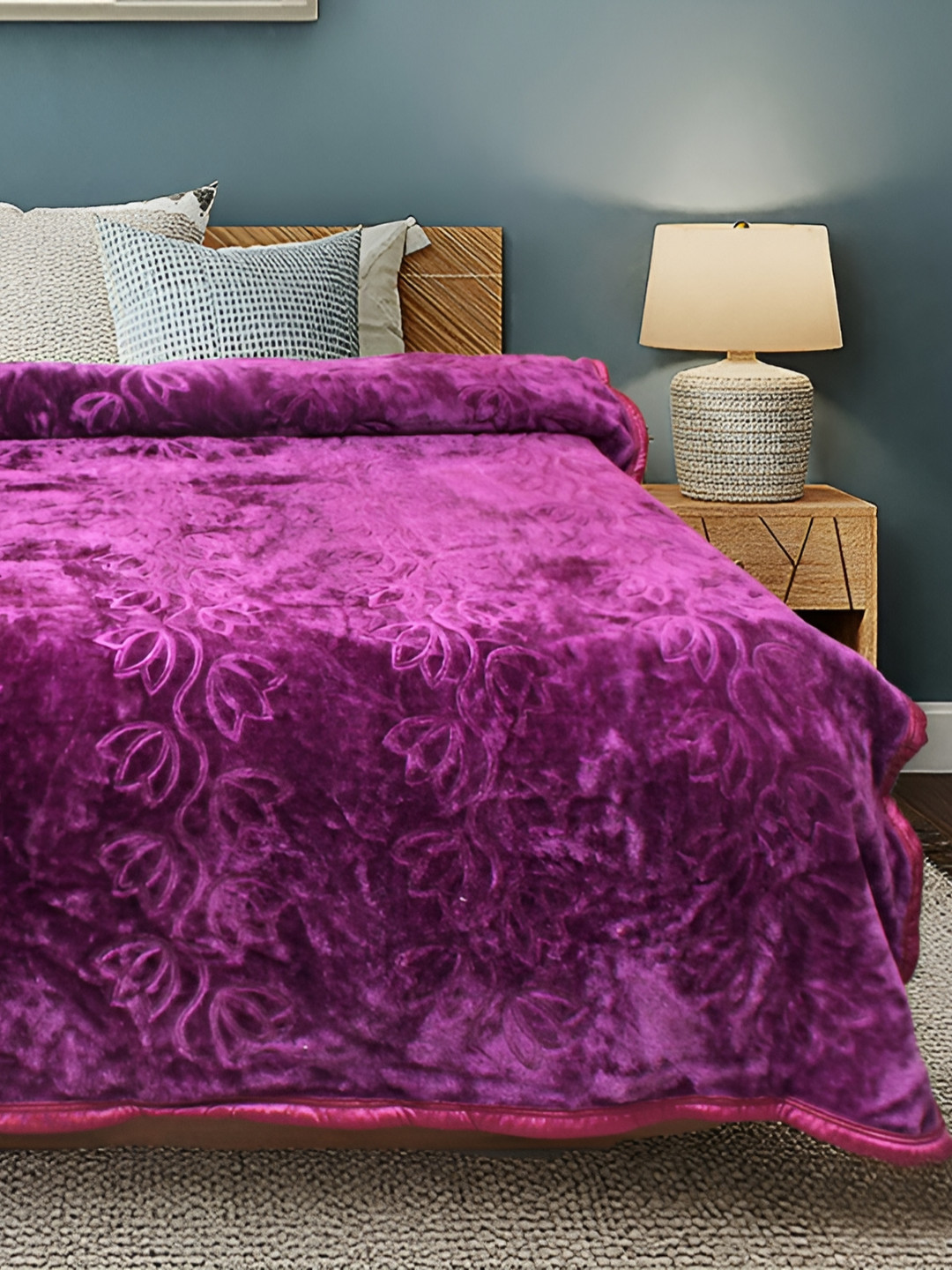 Comfowell Purple Fur Floral Heavy Winter 500 GSM Double Bed Blanket