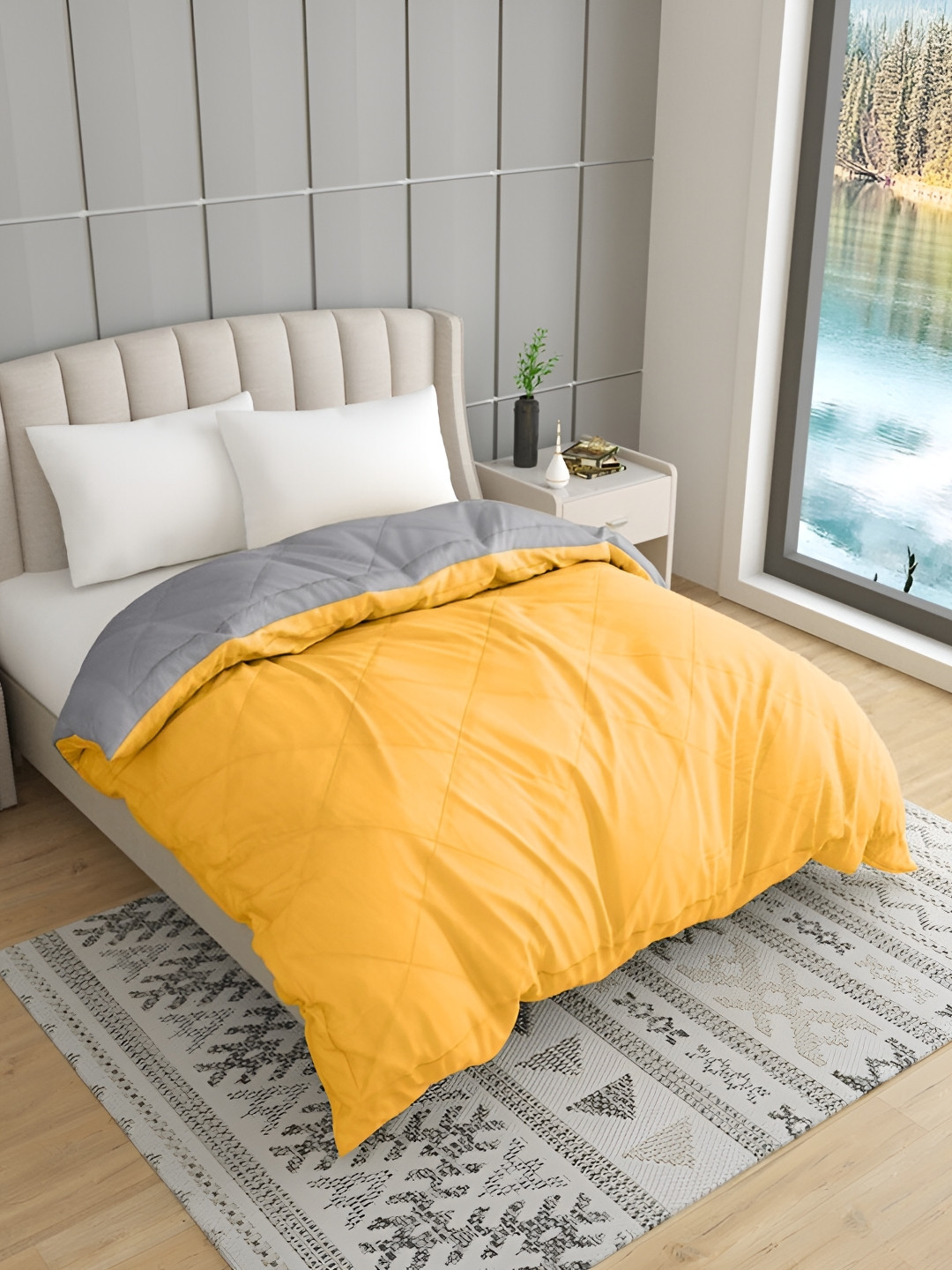Comfowell Yellow & Grey Checked Microfiber Heavy Winter Double Bed Quilt