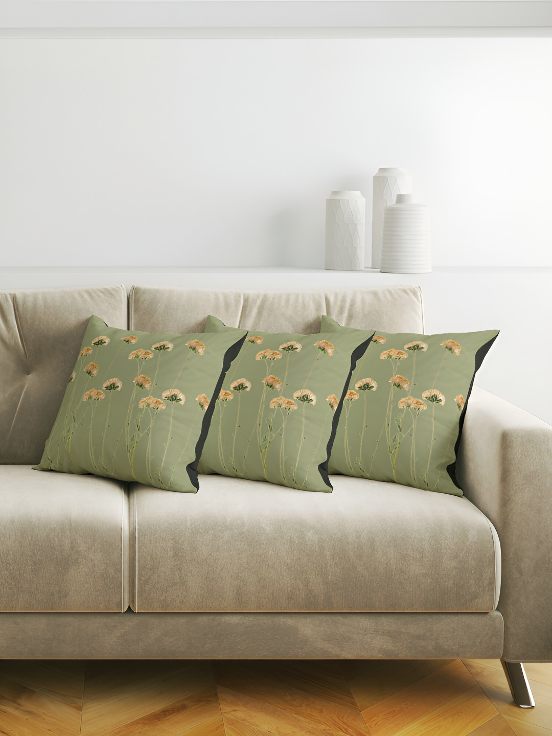 ANS Olive Floral Polyester Durable 3 Piece Embroidered Square Cushion Covers -16x16In