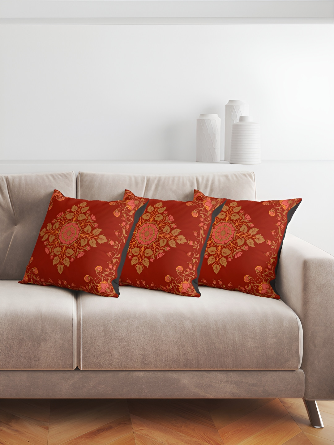 ANS Rust Ethnic Motifs Polyester Anti-Wrinkle 3 Piece Square Cushion Covers - 16x16In