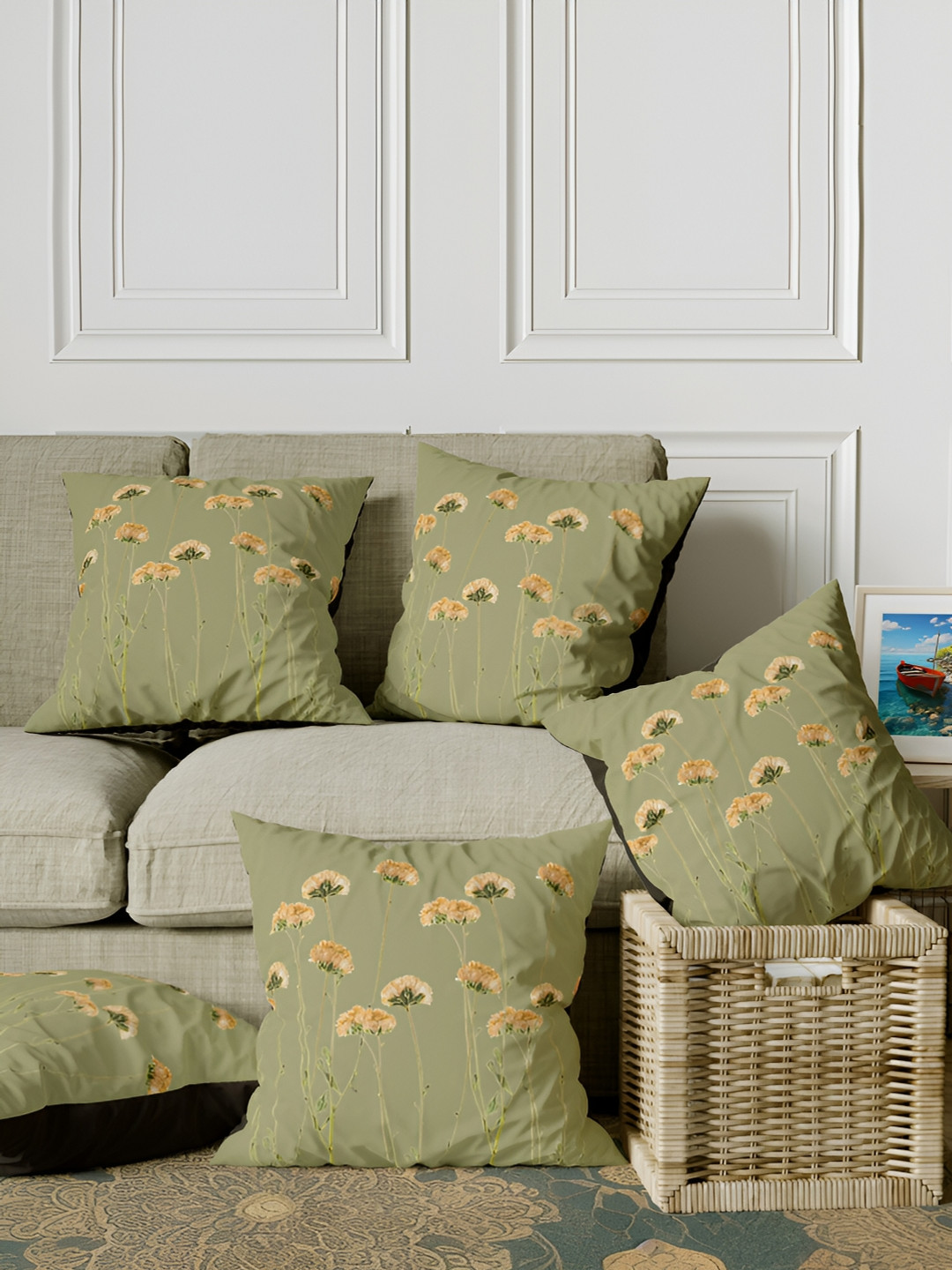ANS Olive Green & Brown 5Pcs Floral Square Cushion Covers
