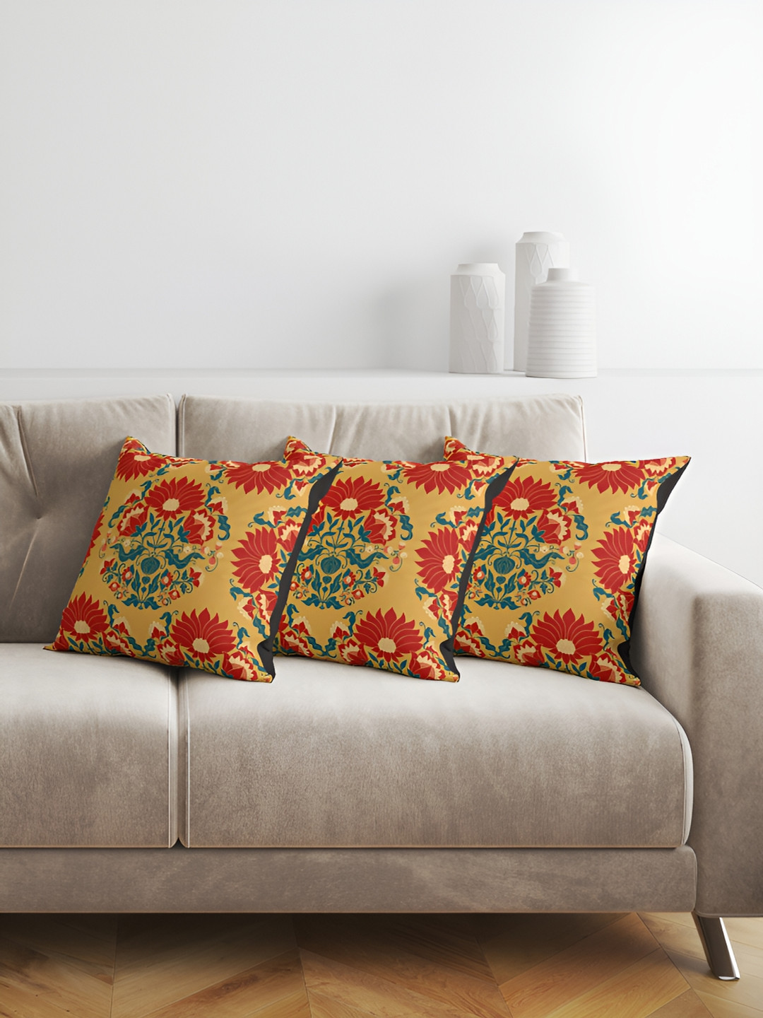 ANS Mustard Ethnic Motifs Polyester Quick-Dry 3 Piece Square Cushion Covers - 16x16In