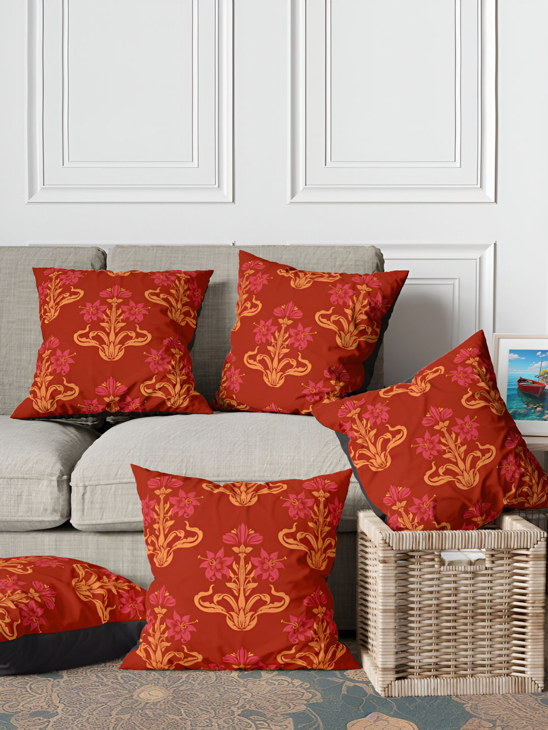 ANS Rust Ethnic Motifs Polyester Anti-Wrinkle 5 Piece Square Cushion Covers -16x16In