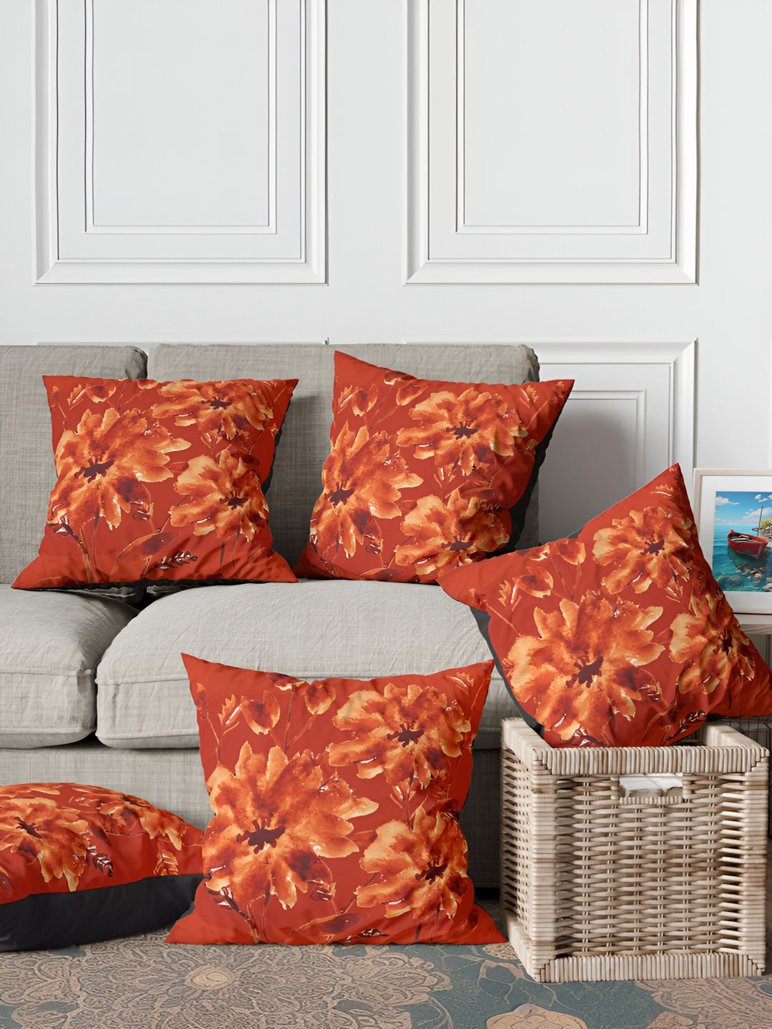 ANS Rust & Peach 5Pcs Floral Square Cushion Covers