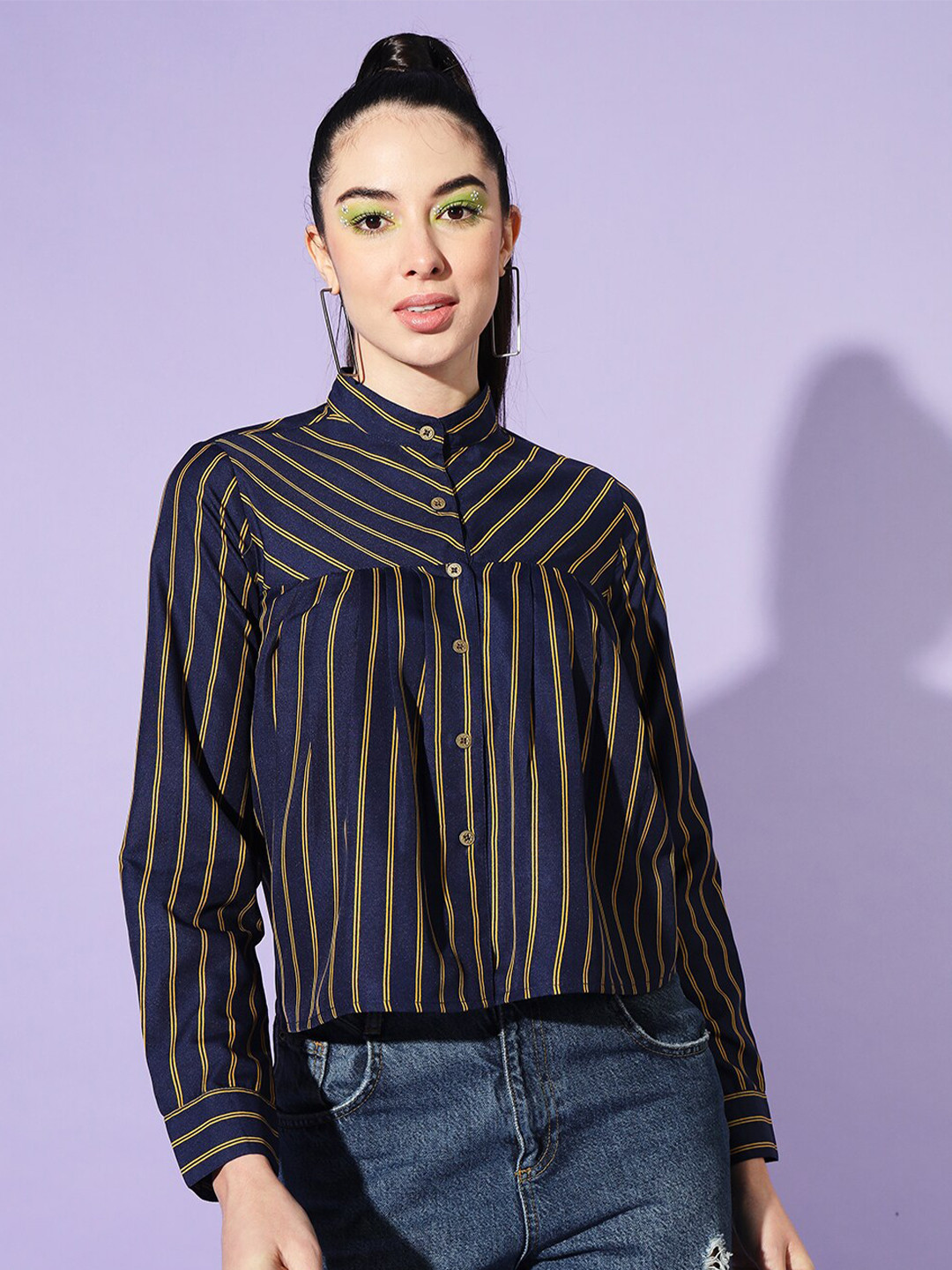 Slenor Boxy Striped Mandarin Collar Casual Shirt