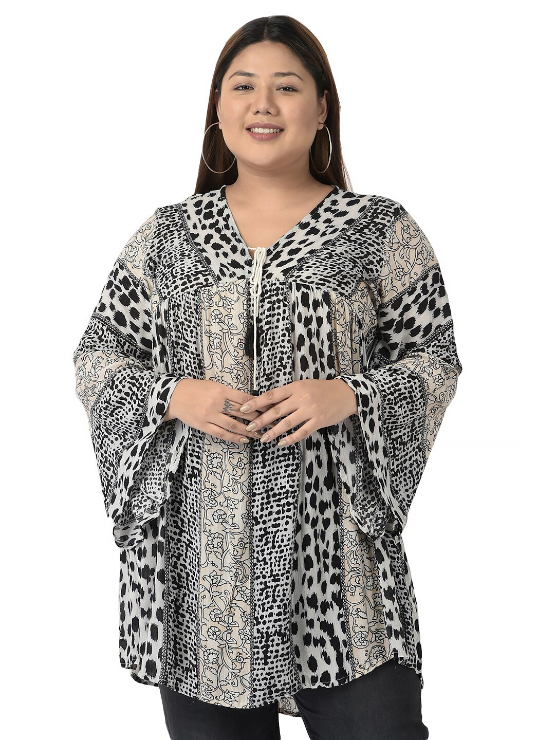 VELDRESS Plus Size Abstract Printed Tie-Up Neck Flared Sleevesn Longline Tunic