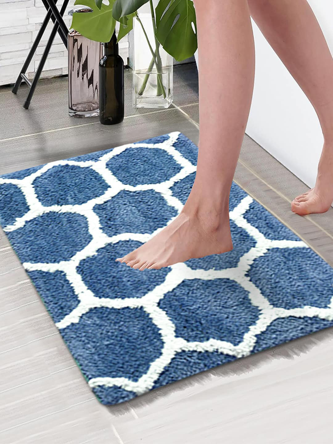 Aura Turquoise Blue & White Football Design 1850 GSM Anti Skid Microfiber Bath Rugs