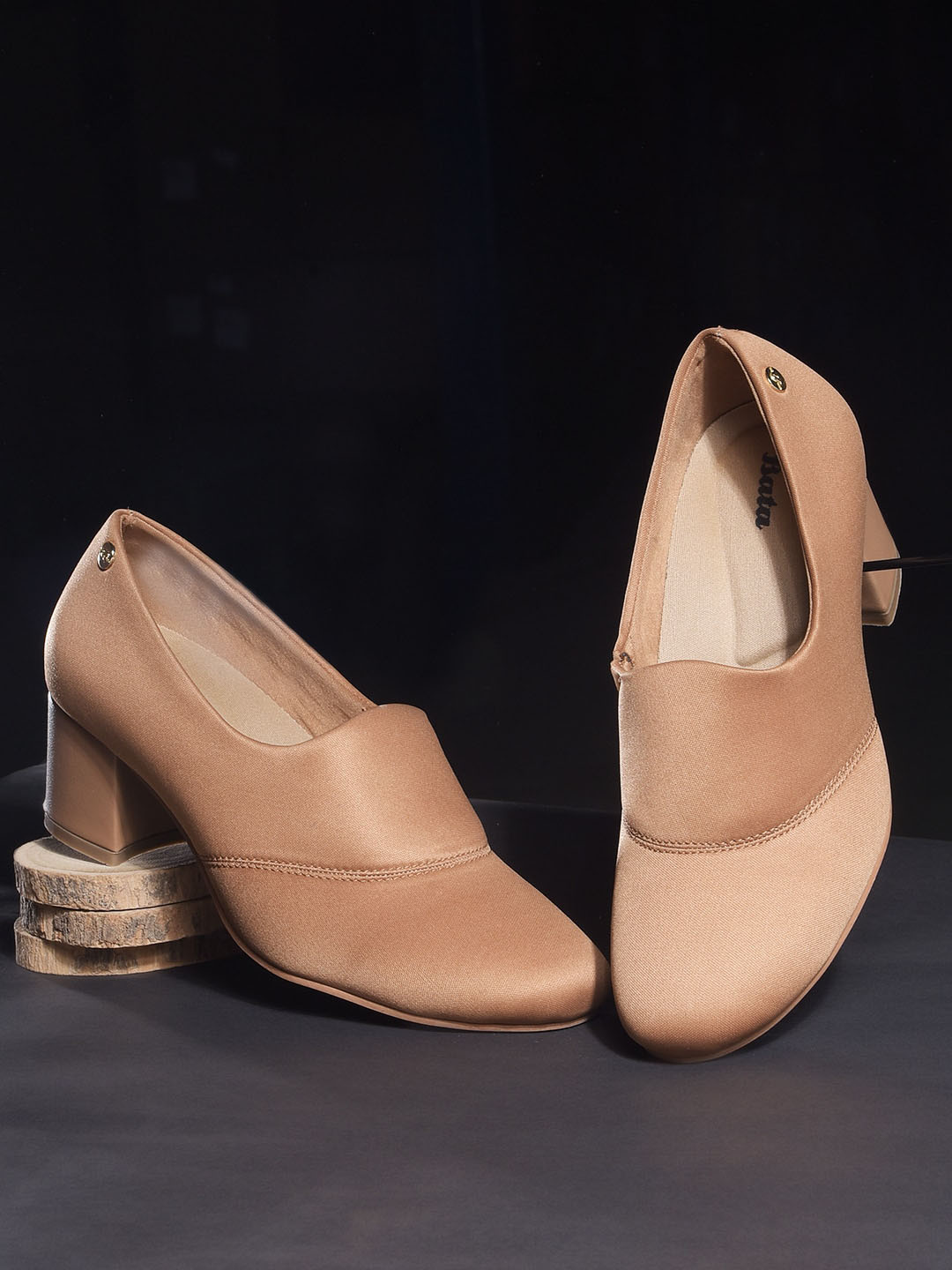 Bata Round Toe Mesh Block Heeled Pumps