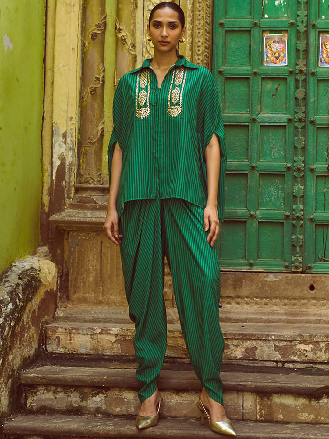 Dash and Dot Striped Cape With Drape Dhoti Pant Co-Ords