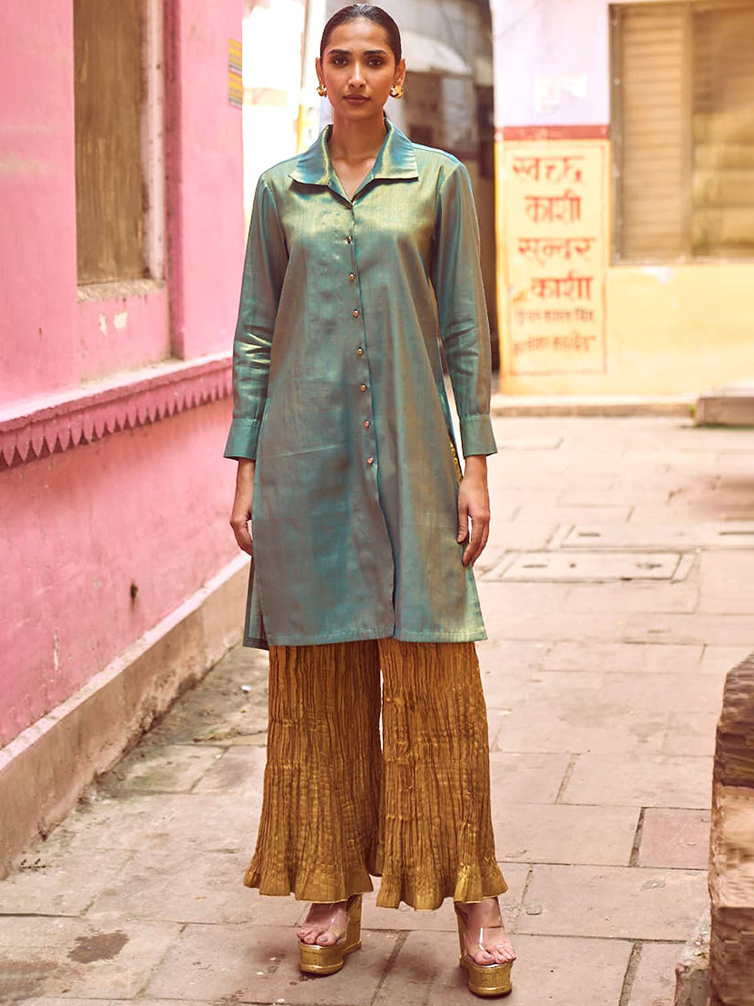 Dash and Dot Shirt Collar Top With Crushed Palazzos