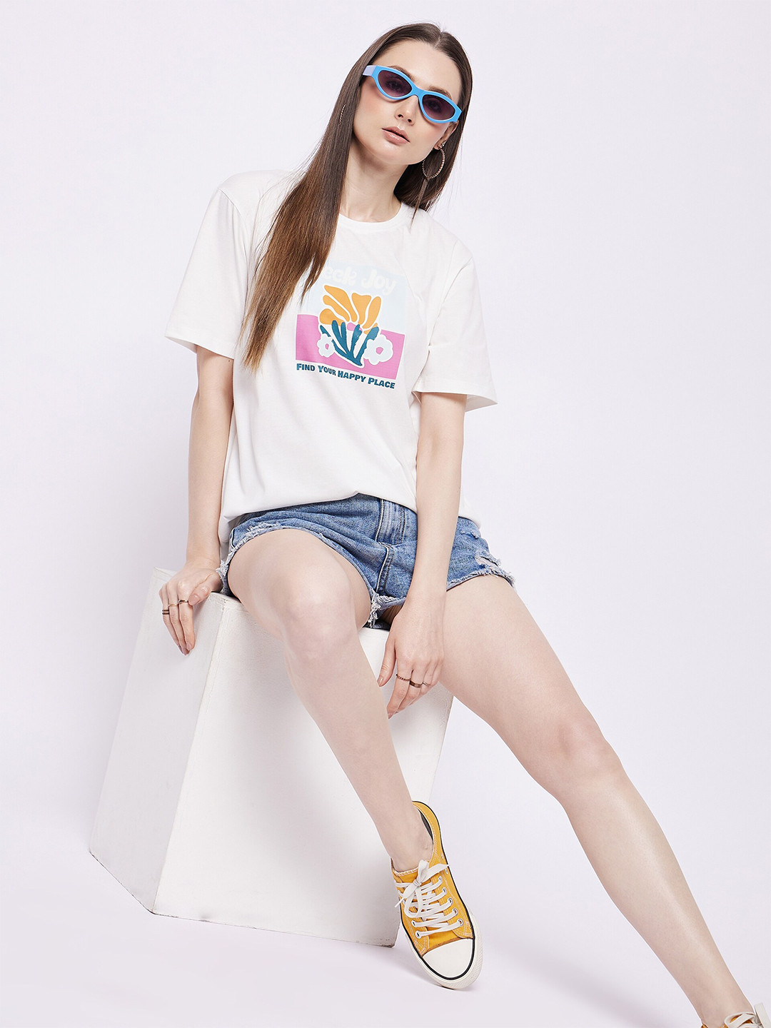 Mast & Harbour White Graphic Printed Oversized Pure Cotton T-shirt
