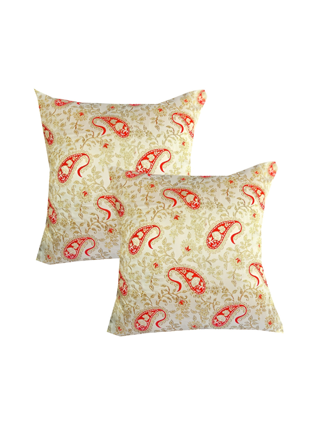 Pink Parrot Cream Paisley Jacquard Silk Washable 2 Piece Square Cushion Covers -16x16In