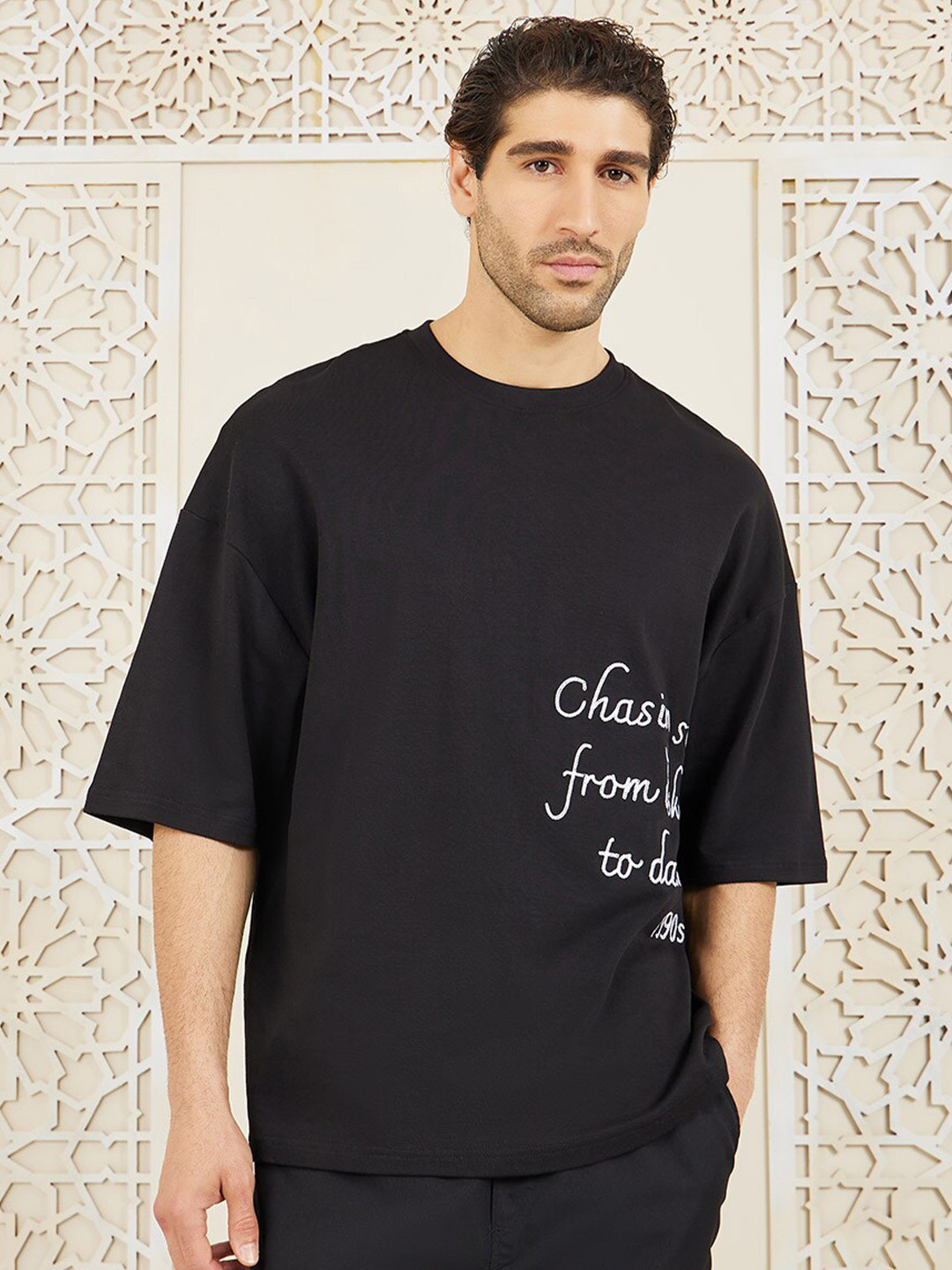 Styli Black Premium Heavy Jersey Embroidered Text Boxy T-Shirt