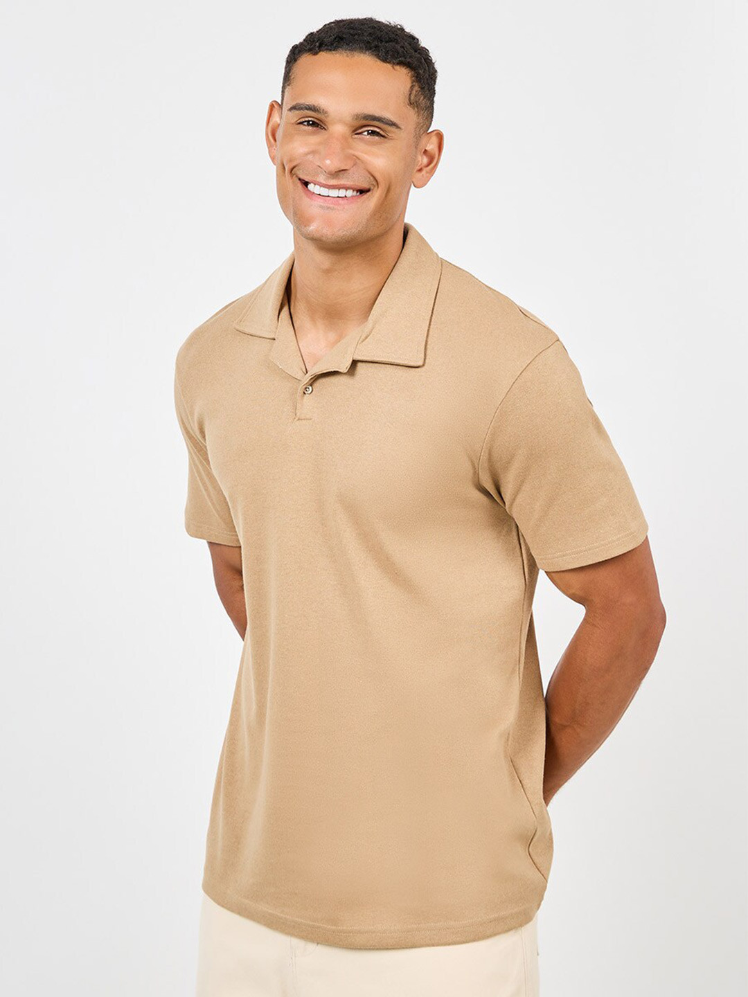 Styli Beige Polo Collar Relaxed Fit Casual T-shirt