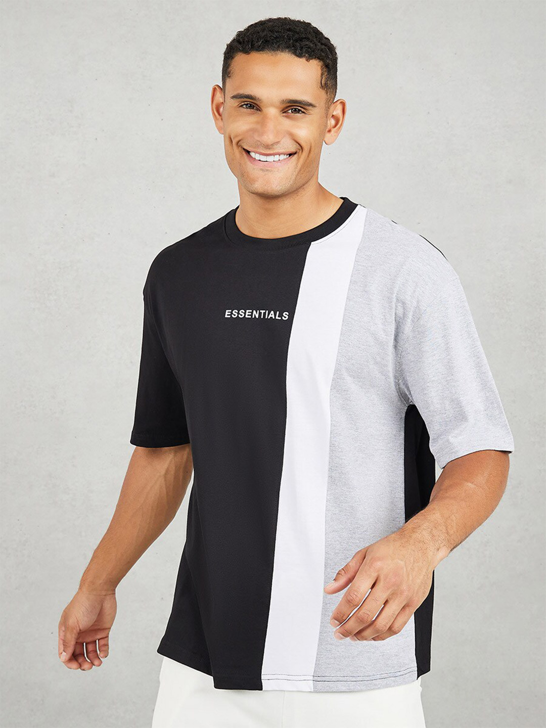 Styli White & Black Colourblocked Oversized Front Text Detail Cotton Casual T-shirt