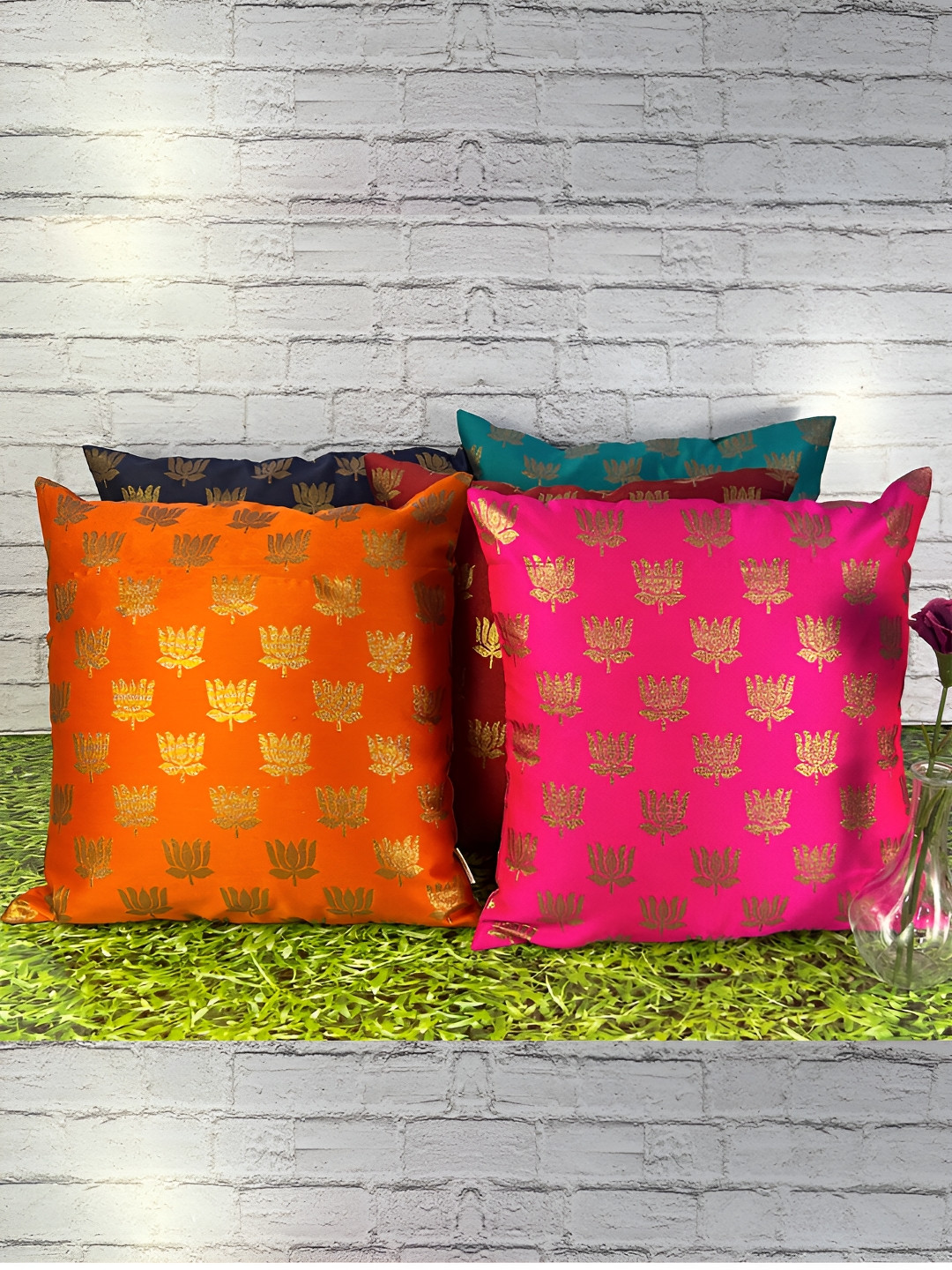 Pink Parrot Floral Jacquard Silk Durable 5 Pcs Textured Square Cushion Covers -16x16In