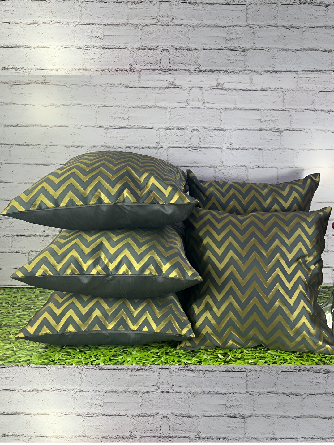 Pink Parrot Grey & Beige 5 Pieces Geometric Zari Square Cushion Covers