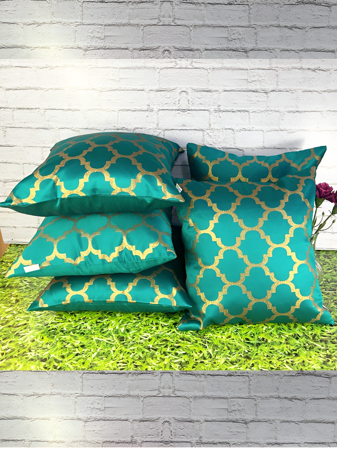 Pink Parrot Silk Geometric Jacquard Washable 5 Pcs Zari Square Cushion Covers -16x16In