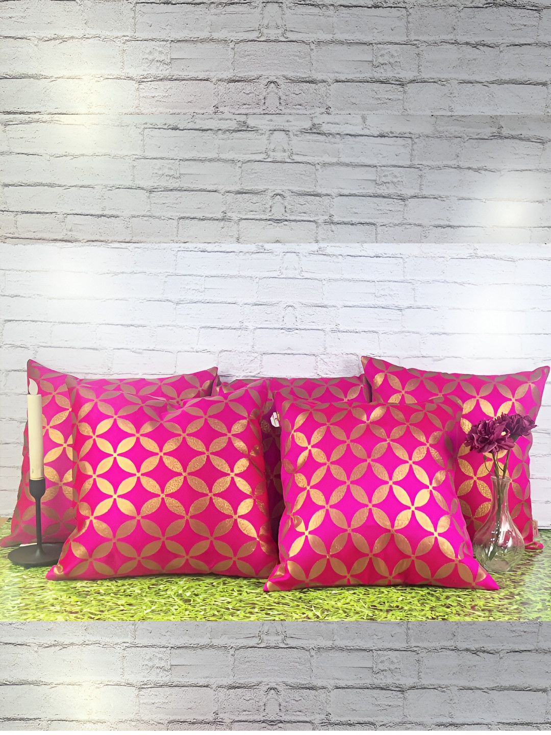 Pink Parrot Geometric Jacquard Silk Washable 5 Pcs Zari Square Cushion Covers -16x16In